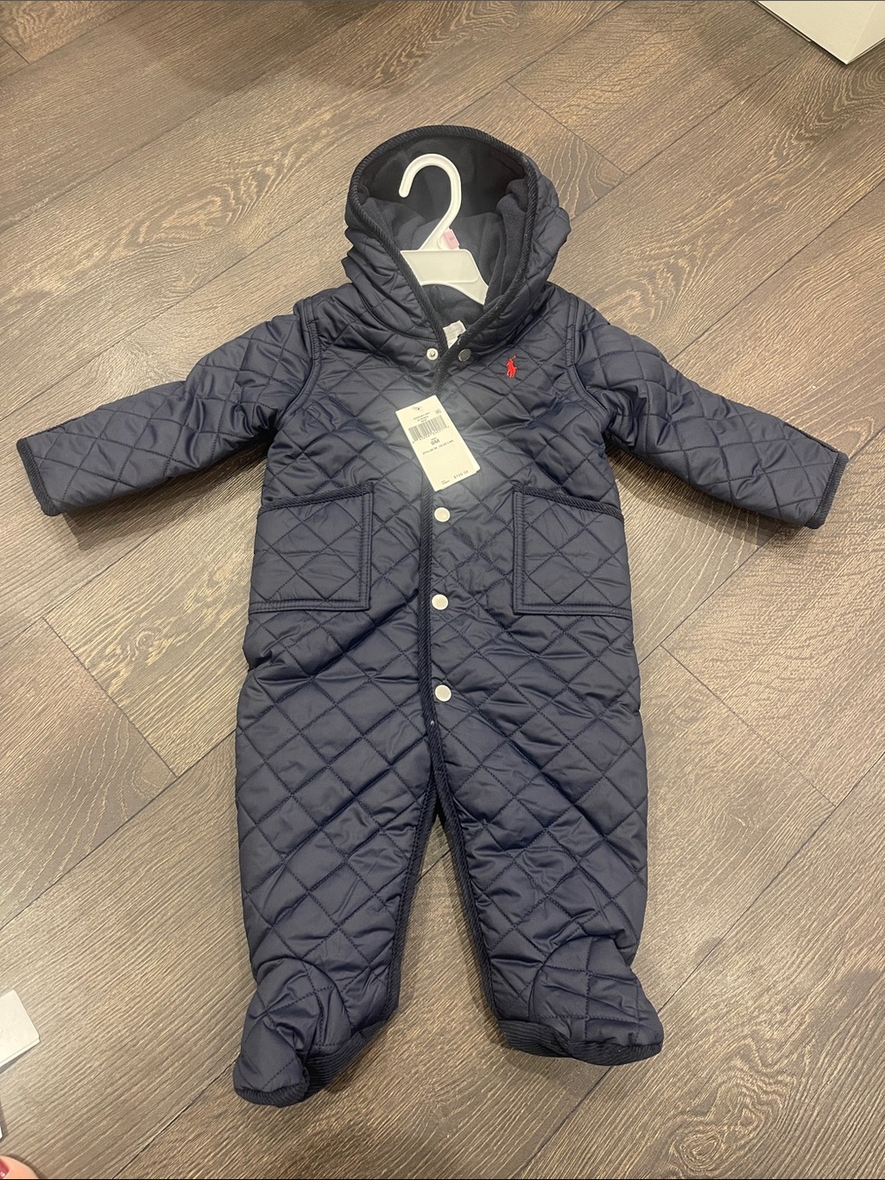 Ralph Lauren Navy Quilted Hooded Baby One-Piece with Red Polo Logo